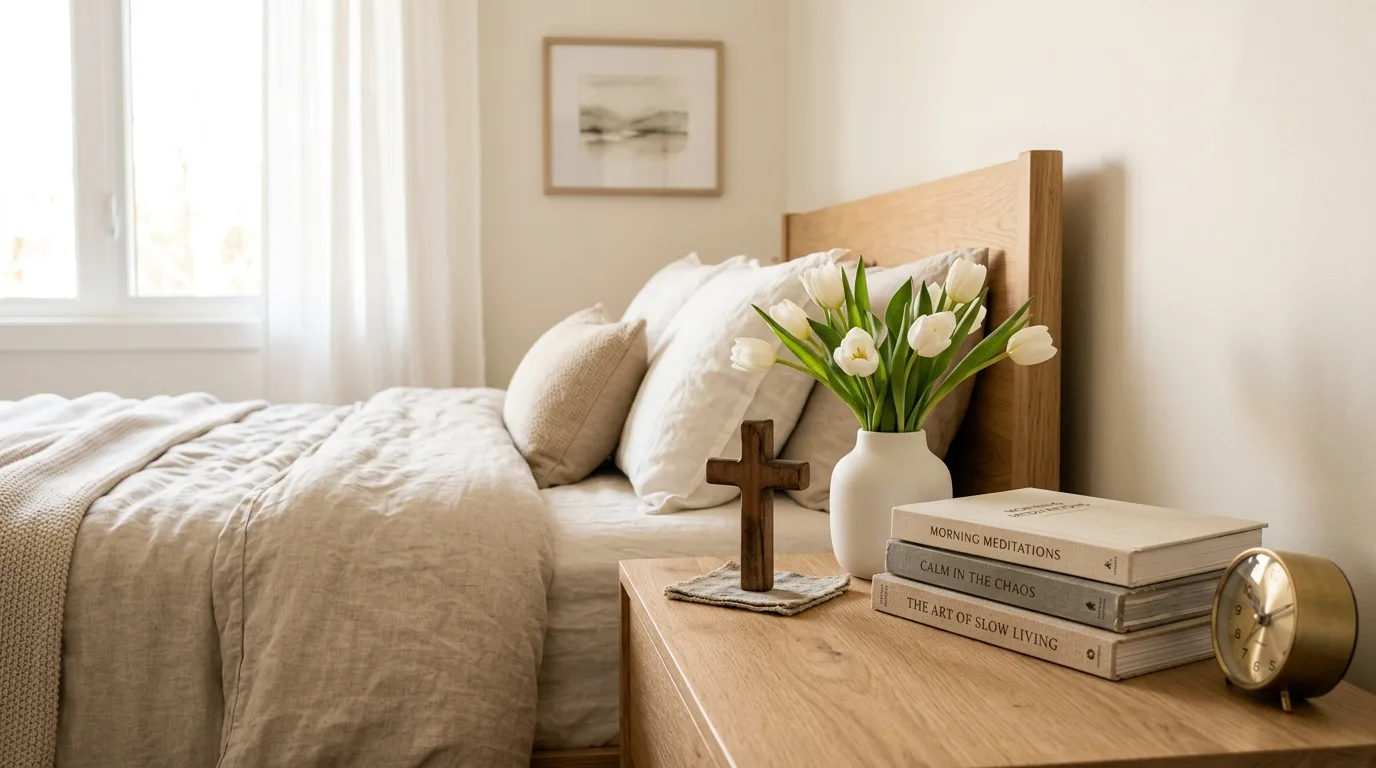 Bedroom nightstand with small cross, tulips, books, and neutral linen bedding