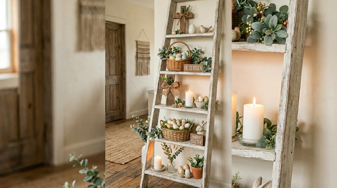 Wooden ladder shelf with farmhouse Easter accents including crosses, baskets, greenery, eggs, and candles