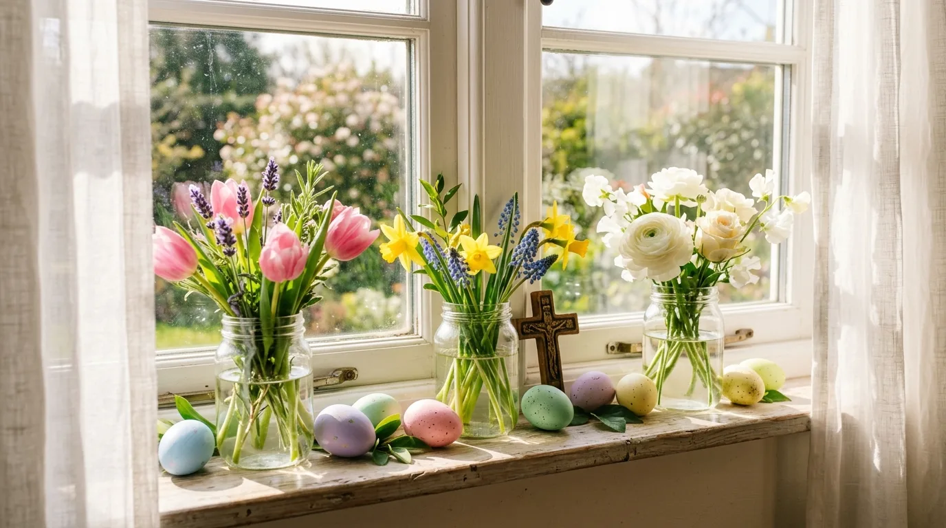 Window sill with flowers in jars, small cross, and pastel eggs in sunlight