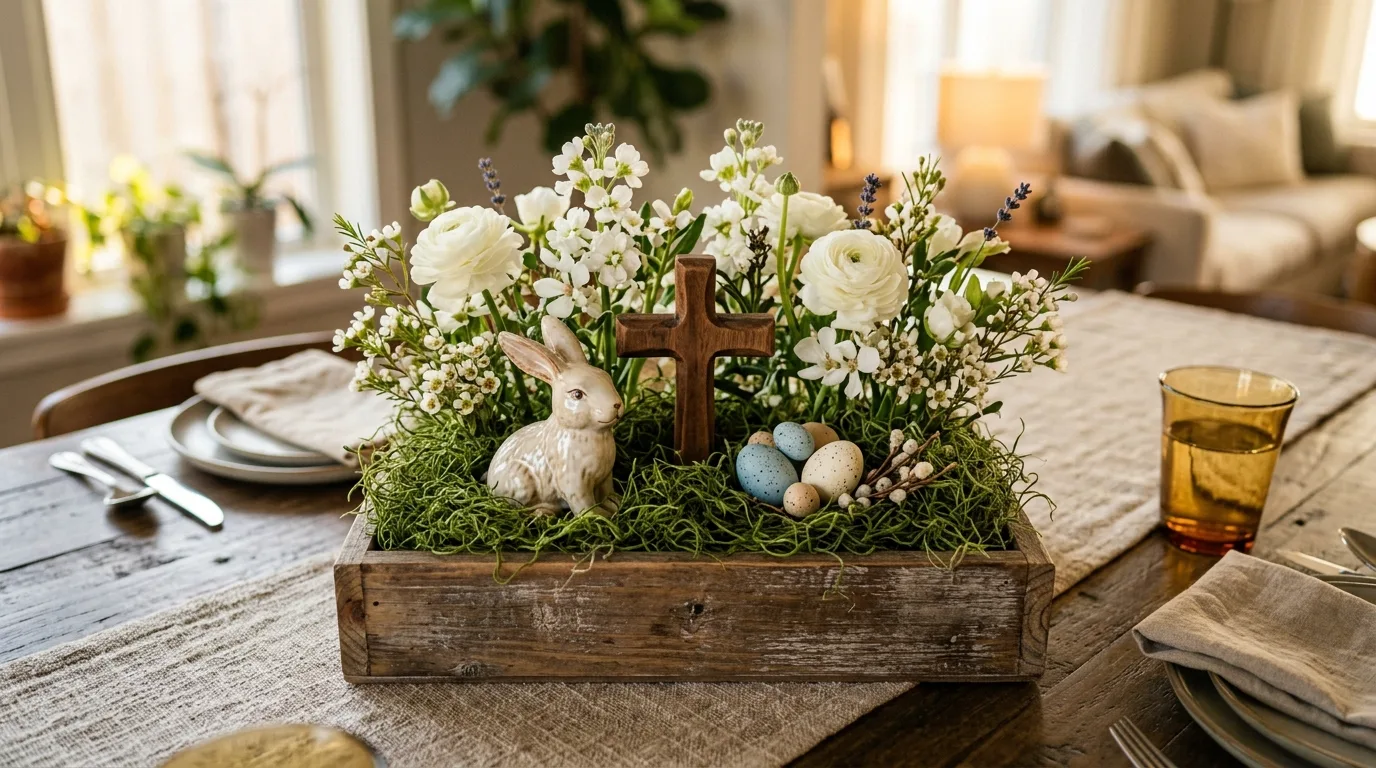 Rustic centerpiece with wooden box, moss, flowers, cross, bunny, and eggs