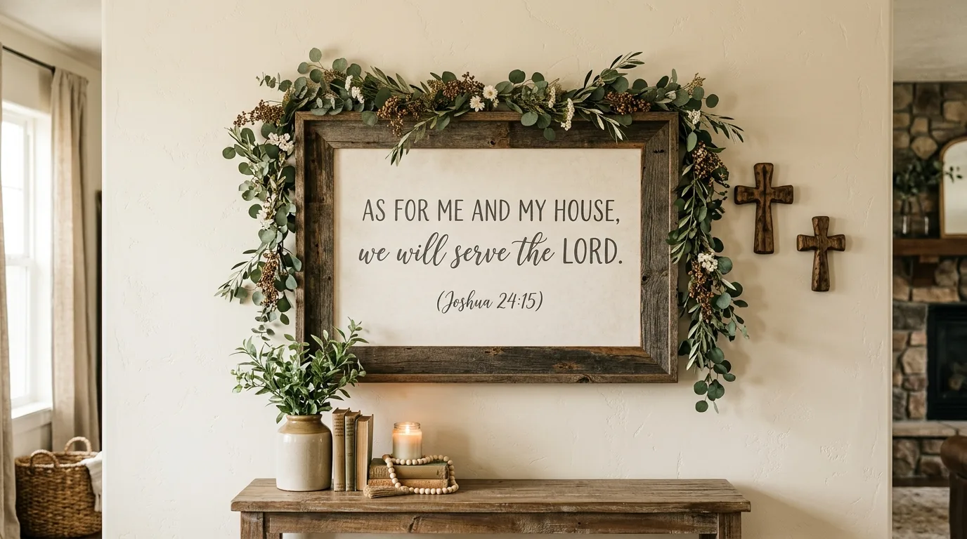 Farmhouse wall decor with framed scripture quote, greenery garland, and wooden crosses