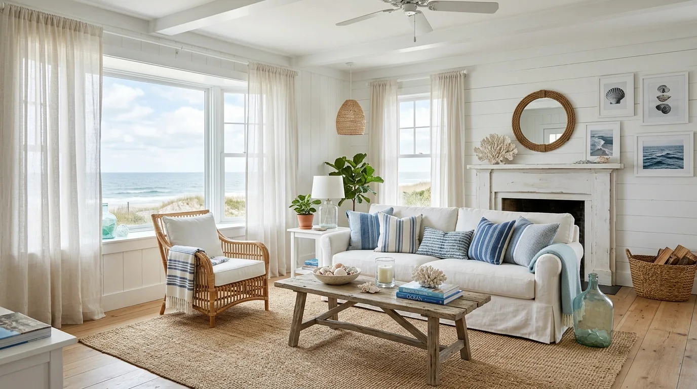 Coastal living room with white linen sofa and blue striped cushions