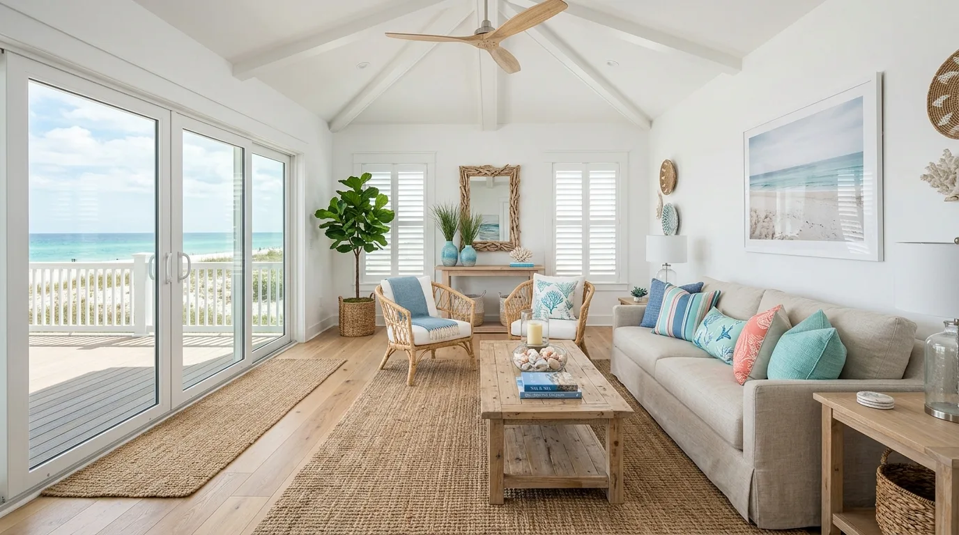 Bright beach-inspired living room with white walls and ocean-toned accents
