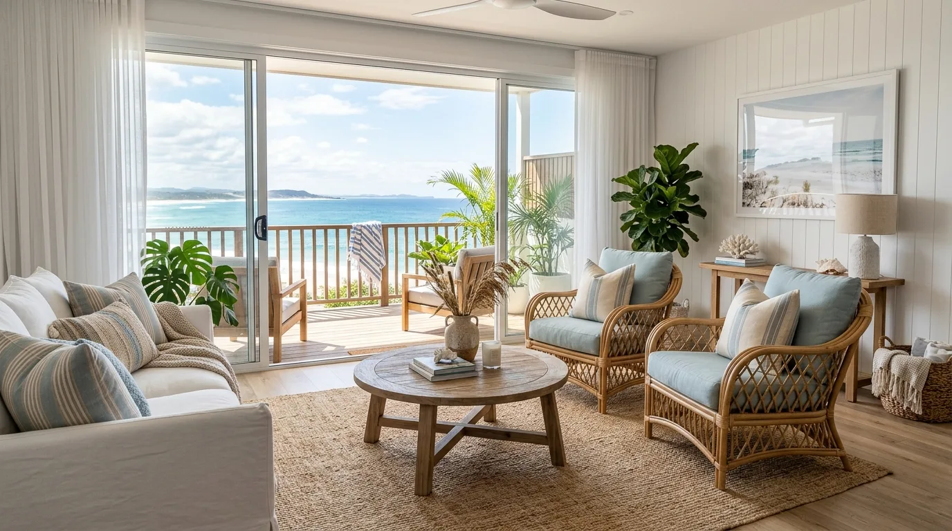 Coastal living room with rattan chairs, jute rug, and blue beige palette