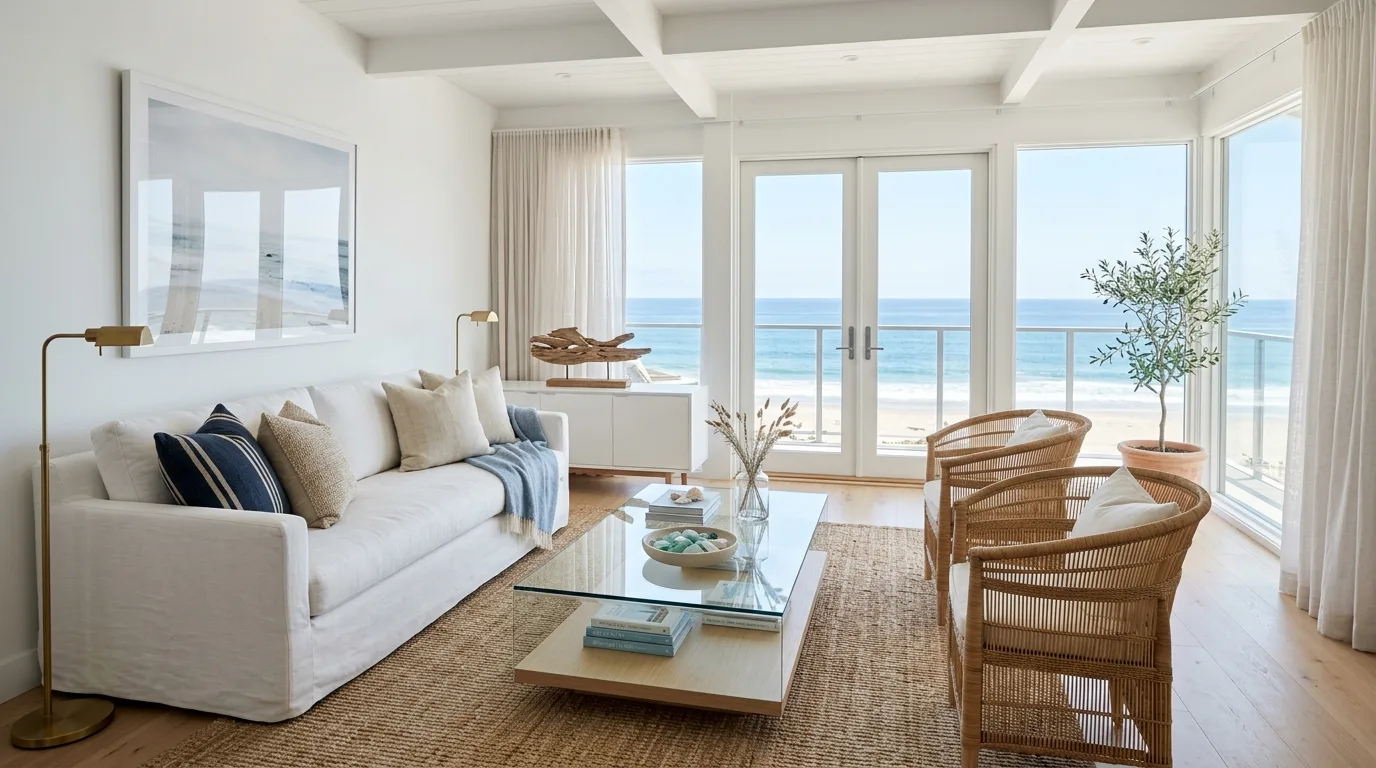 Modern coastal living room with white sofa, glass table, and subtle nautical accents