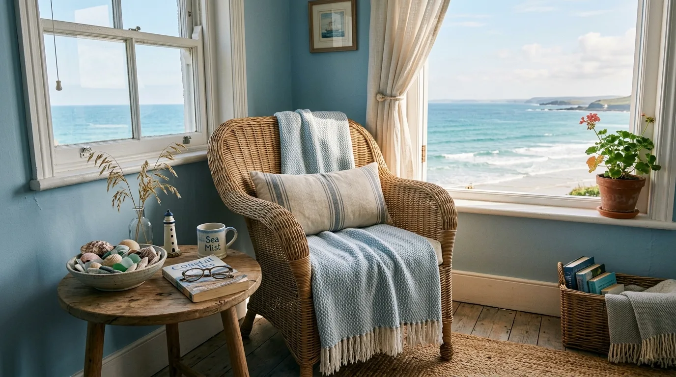 Cozy coastal corner with wicker chair, throw blanket, and seashell decor