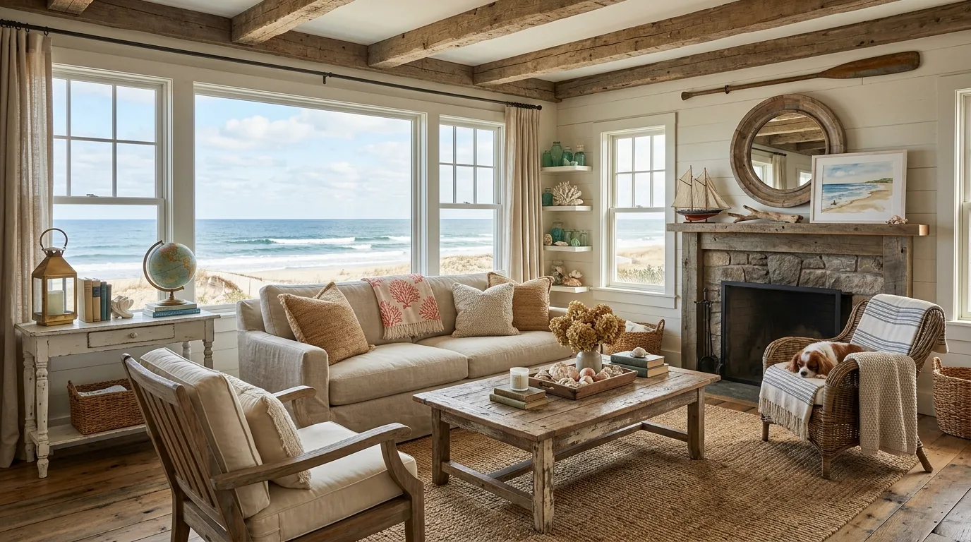 Coastal farmhouse living room with distressed wood and ocean-inspired decor