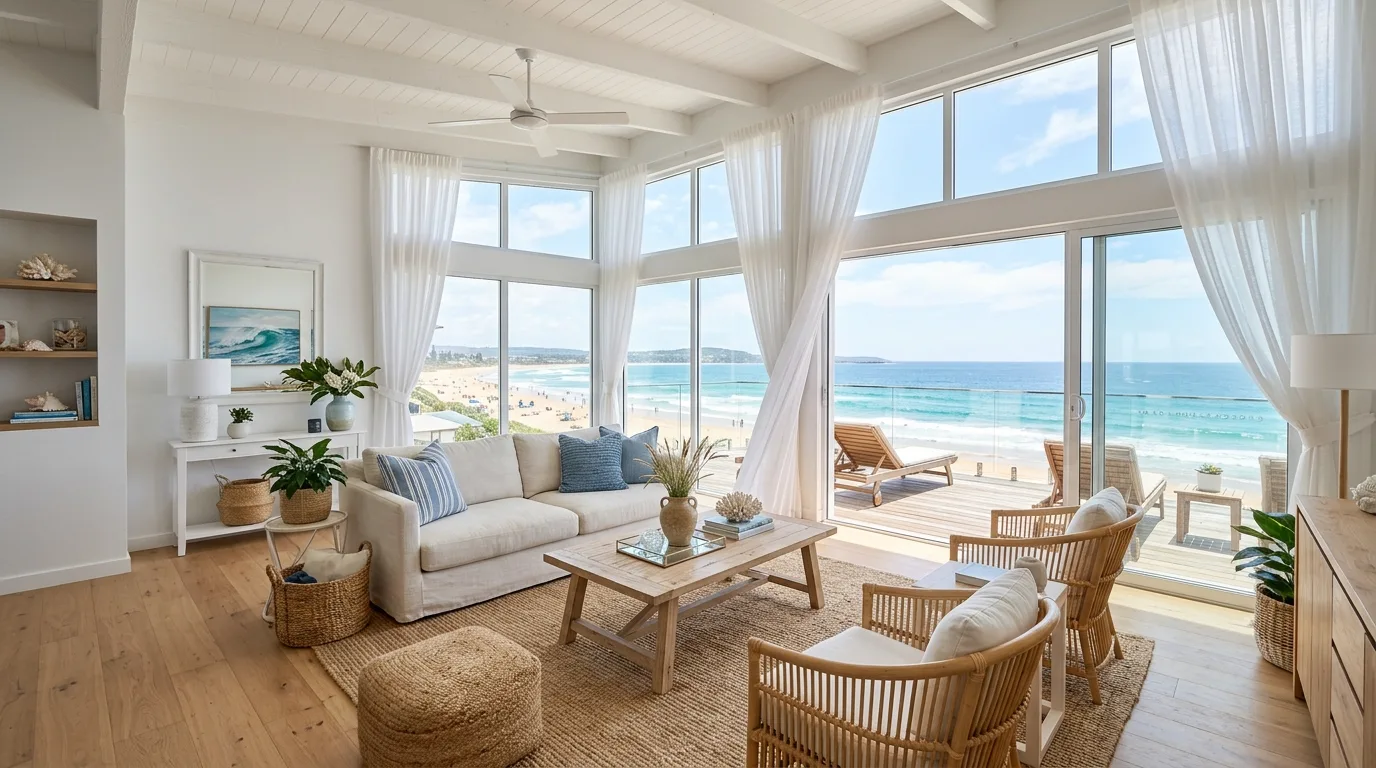 Beach house living room with large windows and airy decor