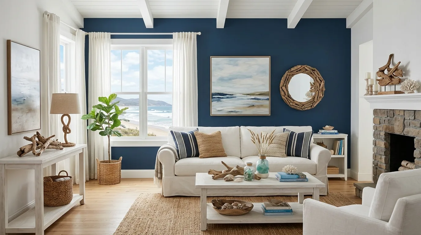Coastal living room with navy accent wall, white furniture, and driftwood decor