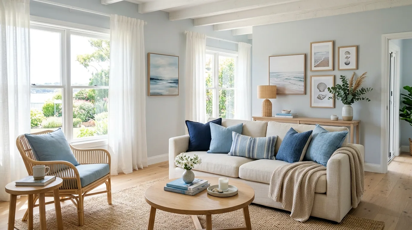 Relaxed coastal living room with soft blue pillows and beach artwork