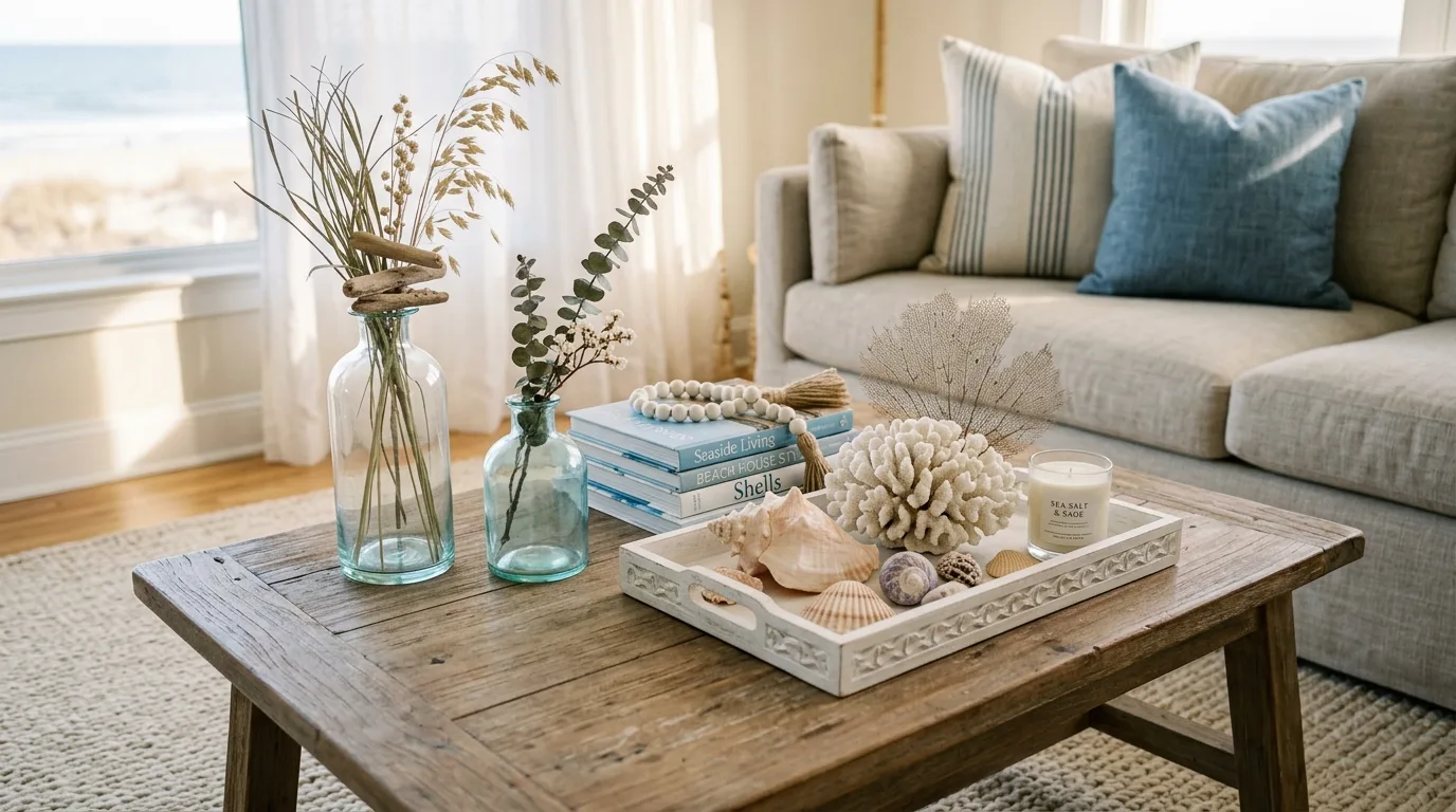 Coastal coffee table styled with seashells, coral decor, and glass vases