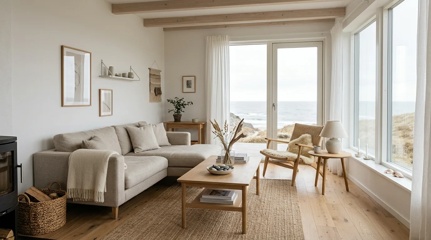 Scandinavian coastal living room with neutral tones and subtle beach accents