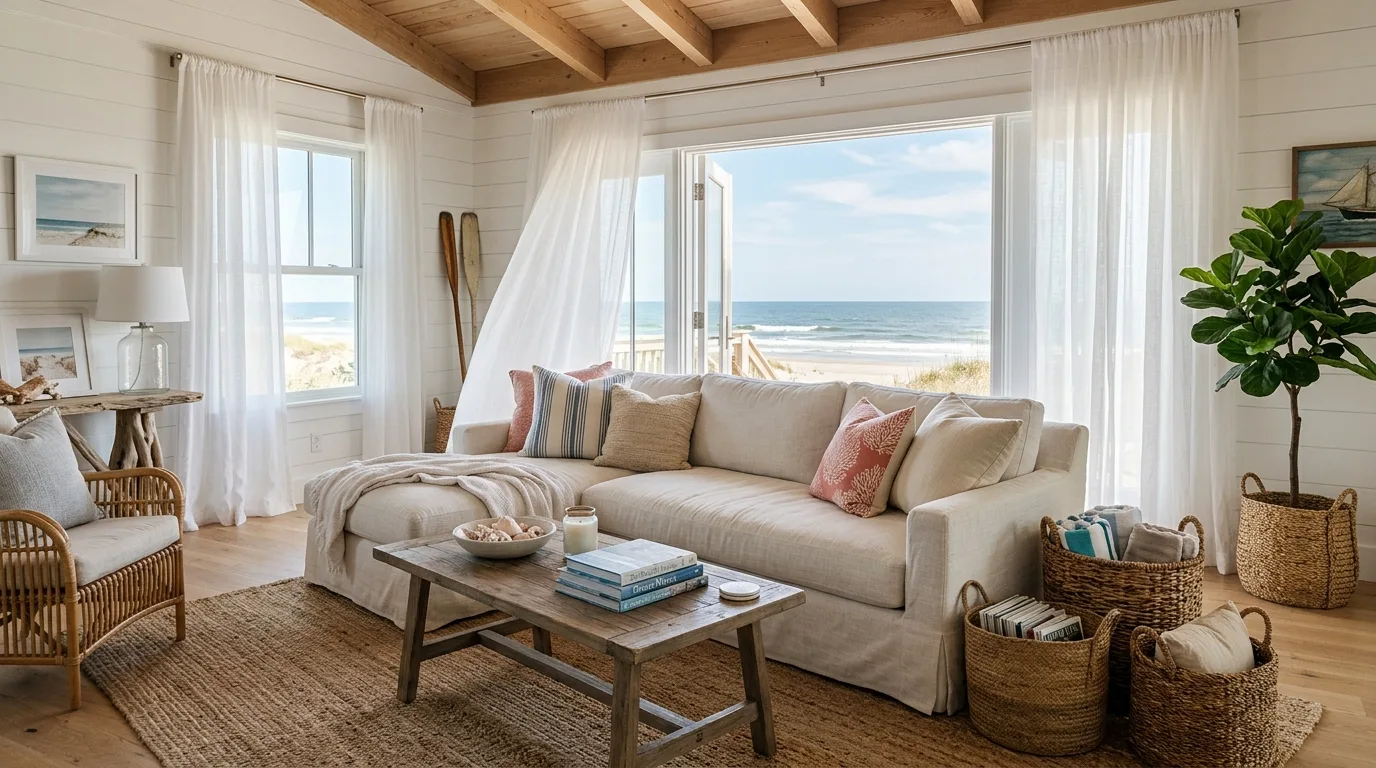 Coastal living room with slipcovered sofa, woven baskets, and light curtains