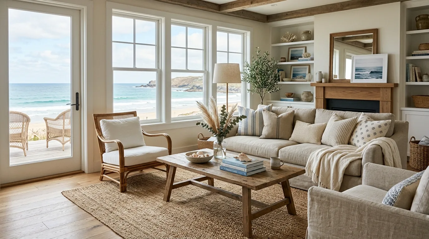 Coastal living room with jute rug, linen cushions, and wood furniture