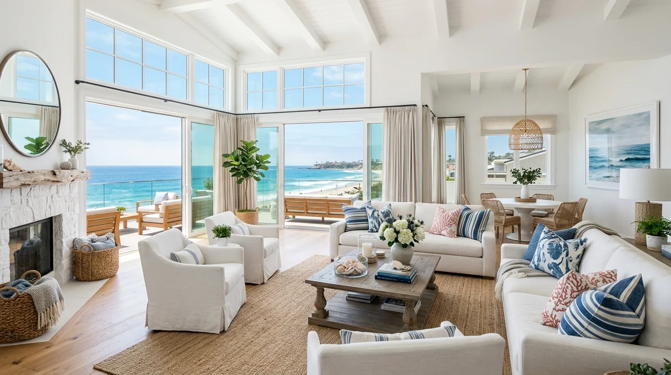 Luxury coastal living room with elegant white furniture and blue accents