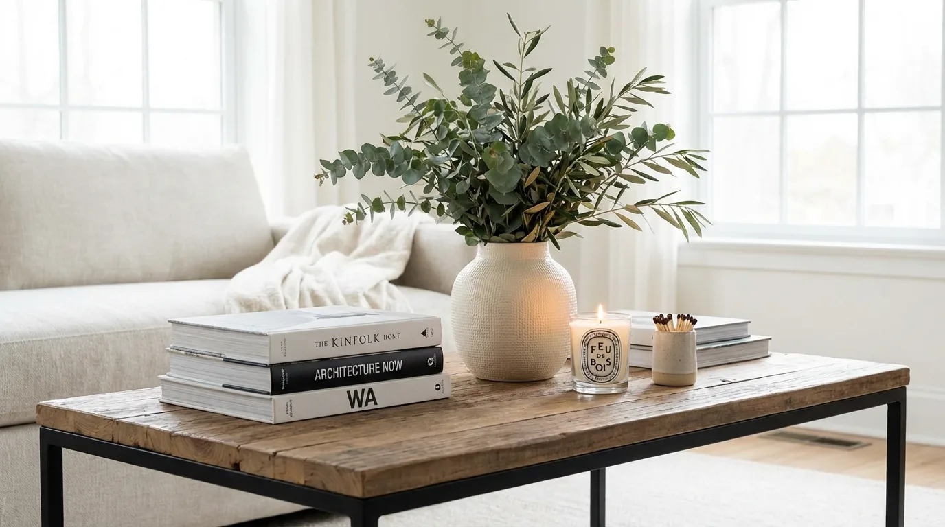 Modern coffee table styled with books, greenery, and a candle