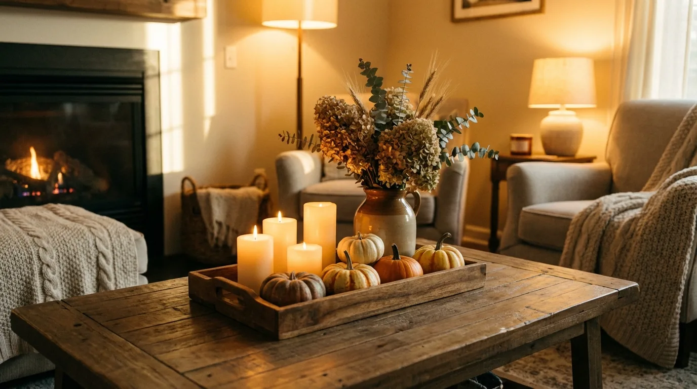 Rustic wooden coffee table with tray, candles, mini pumpkins, and dried flowers