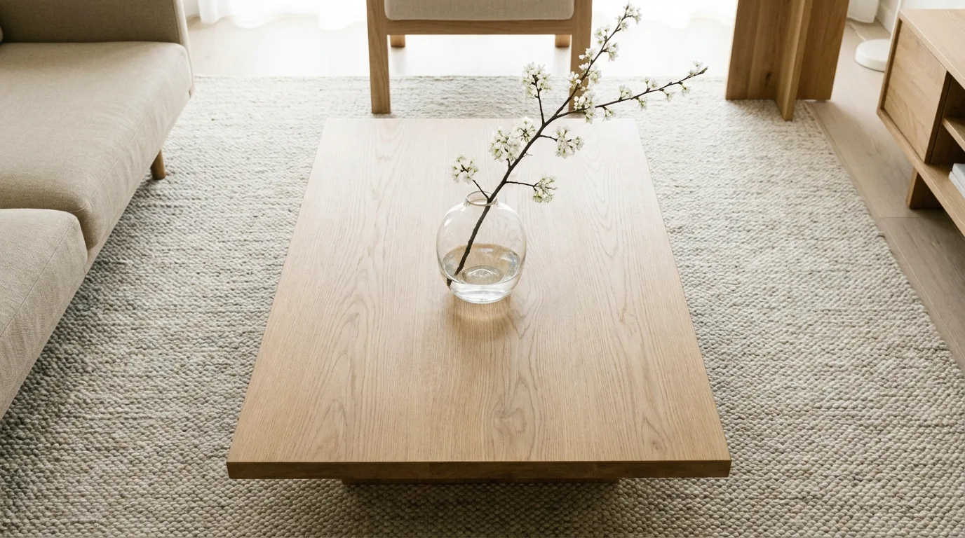 Minimalist coffee table with a single glass vase and uncluttered styling