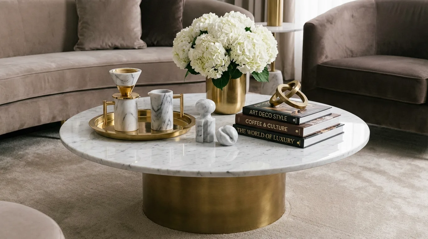Luxury coffee table with gold accents, marble decor, and elegant books