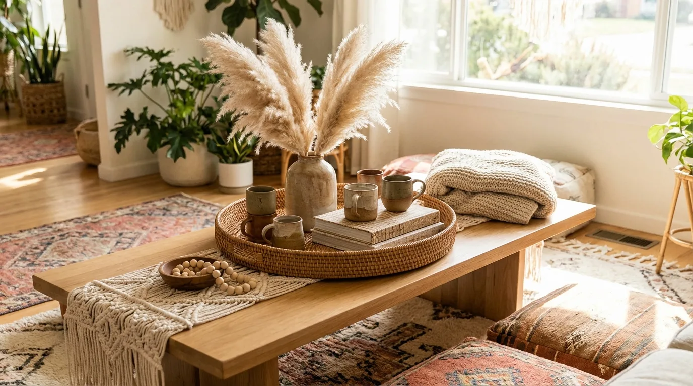 Boho coffee table with woven tray, pampas grass, and earthy ceramics