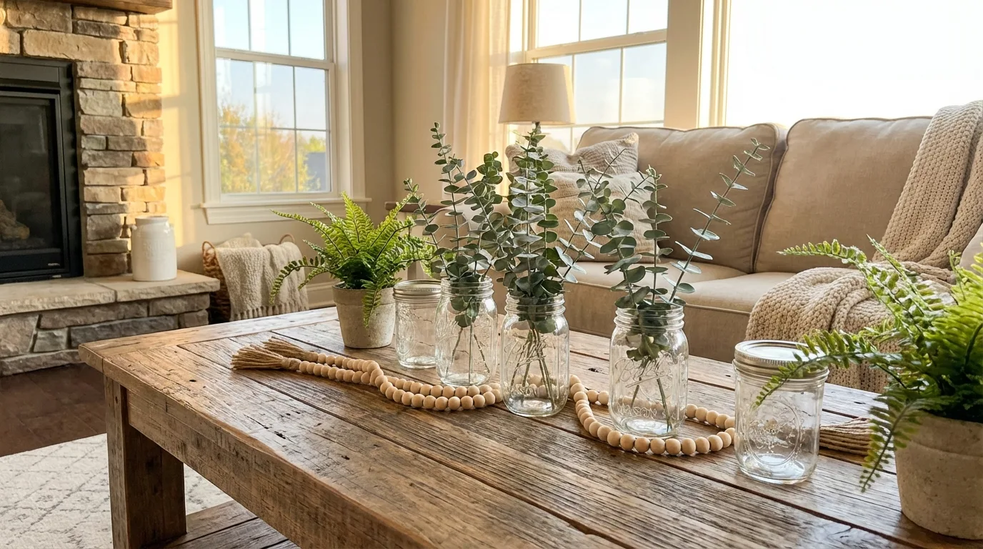Farmhouse coffee table with mason jars, wooden beads, and greenery