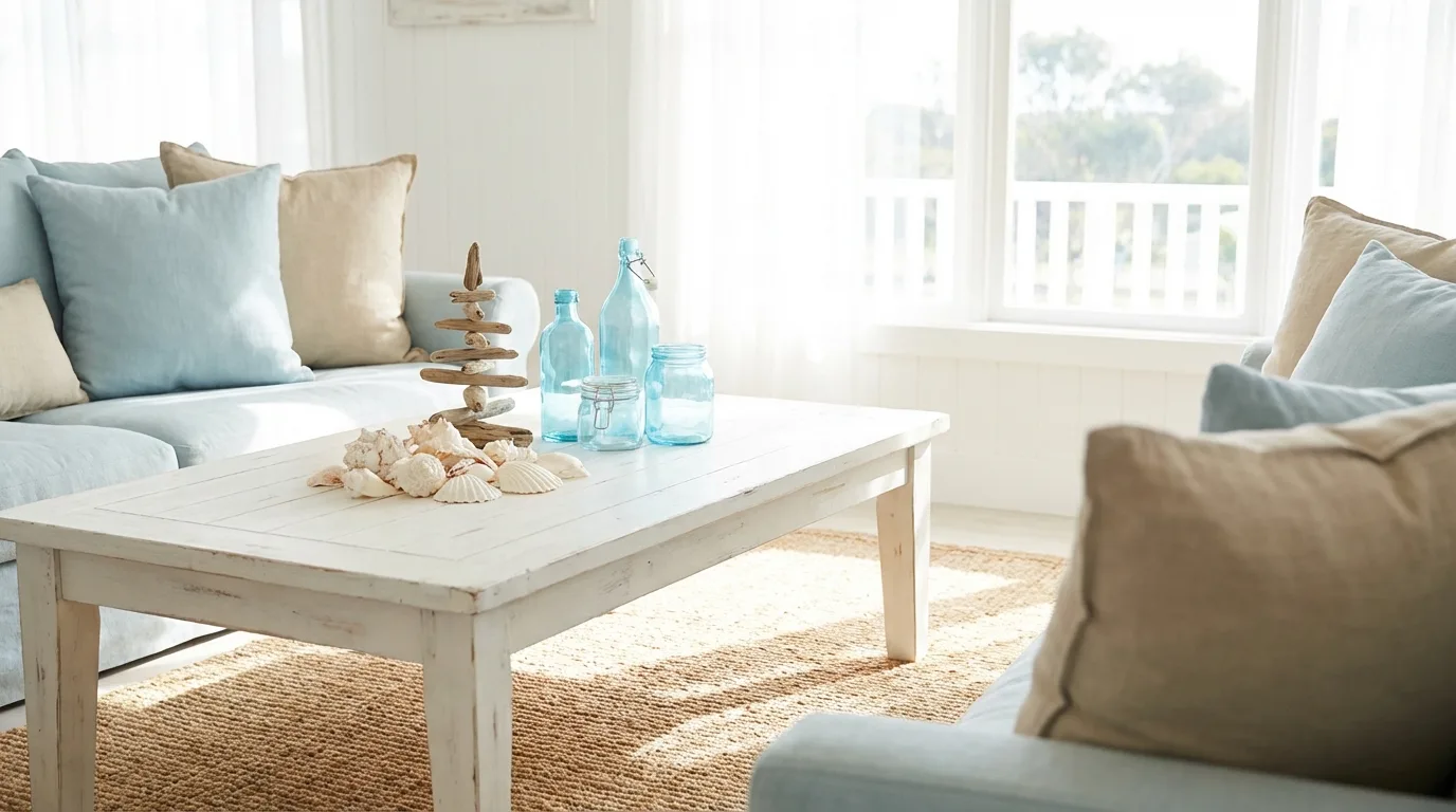 Coastal coffee table with seashells, driftwood, and blue glass accents