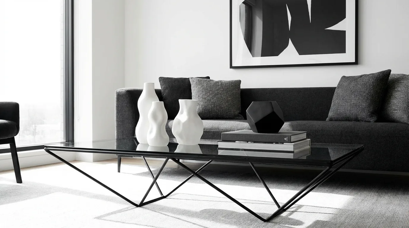 Modern black coffee table with monochrome styling and abstract decor