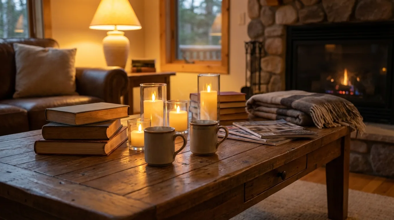 Cozy coffee table setup with mugs, candlelight, and books
