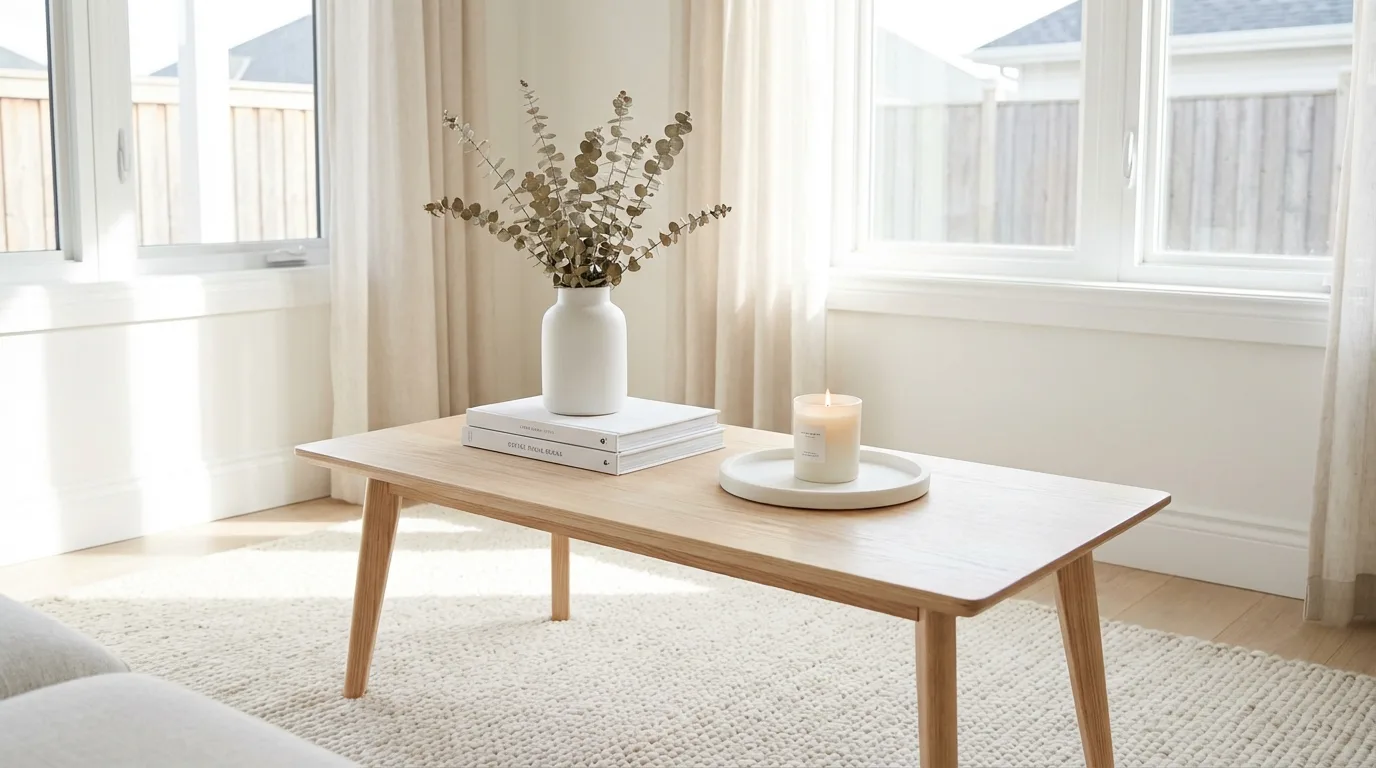 Scandinavian coffee table with light wood, white accents, and minimal styling
