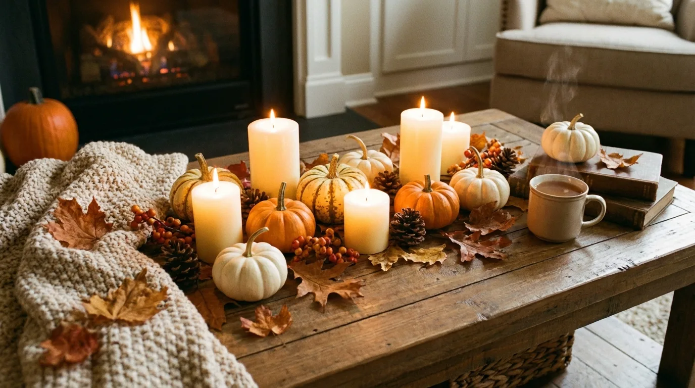 Seasonal fall coffee table with mini pumpkins, candles, and autumn leaves
