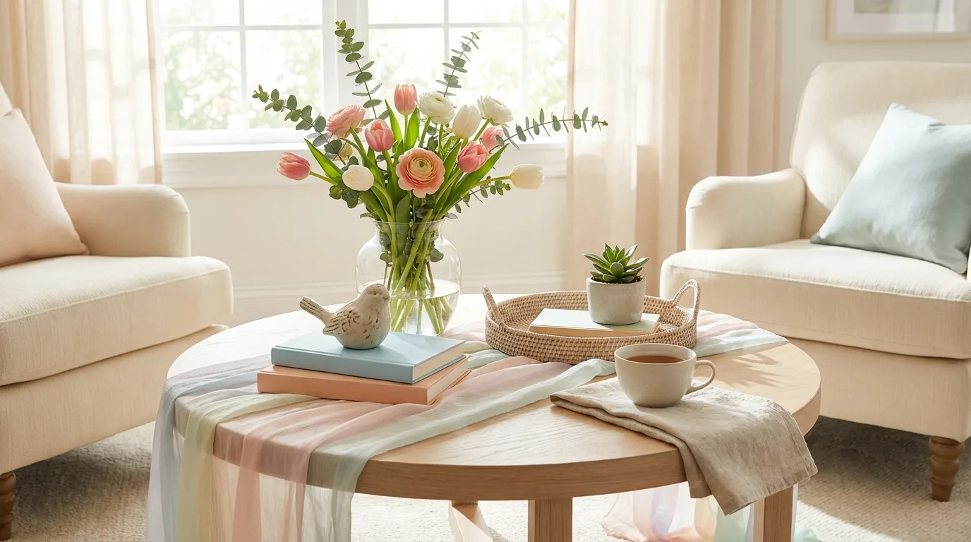 Spring coffee table with fresh flowers and pastel accents