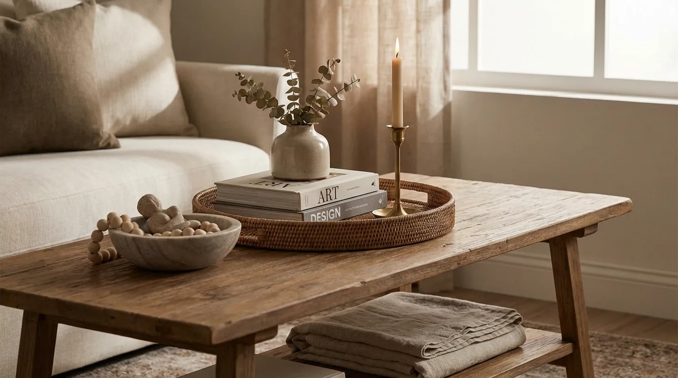 Layered coffee table styling with trays, books, candles, and decorative objects
