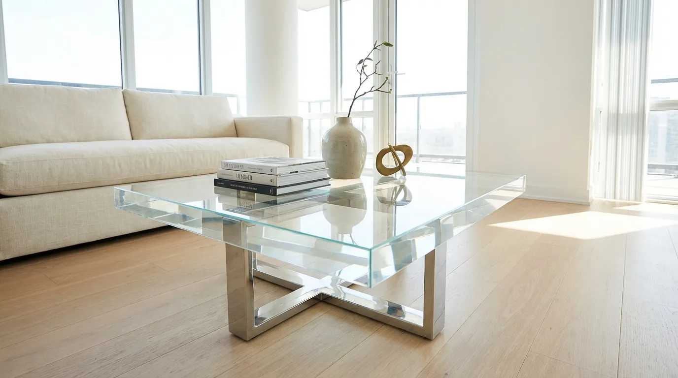 Contemporary glass coffee table with elegant minimal decor