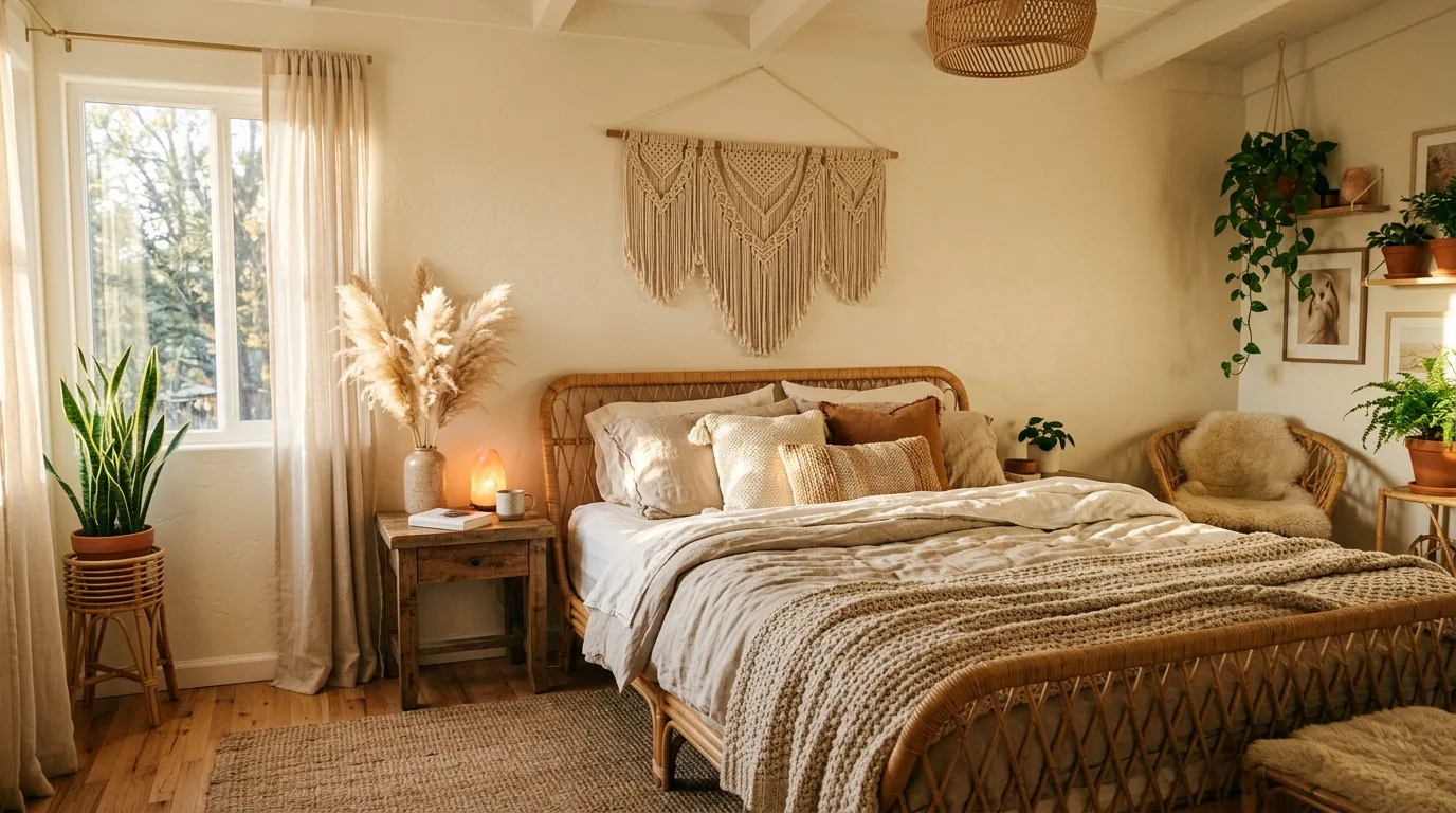 Cozy boho bedroom with rattan bed frame, macrame wall hanging, and pampas grass