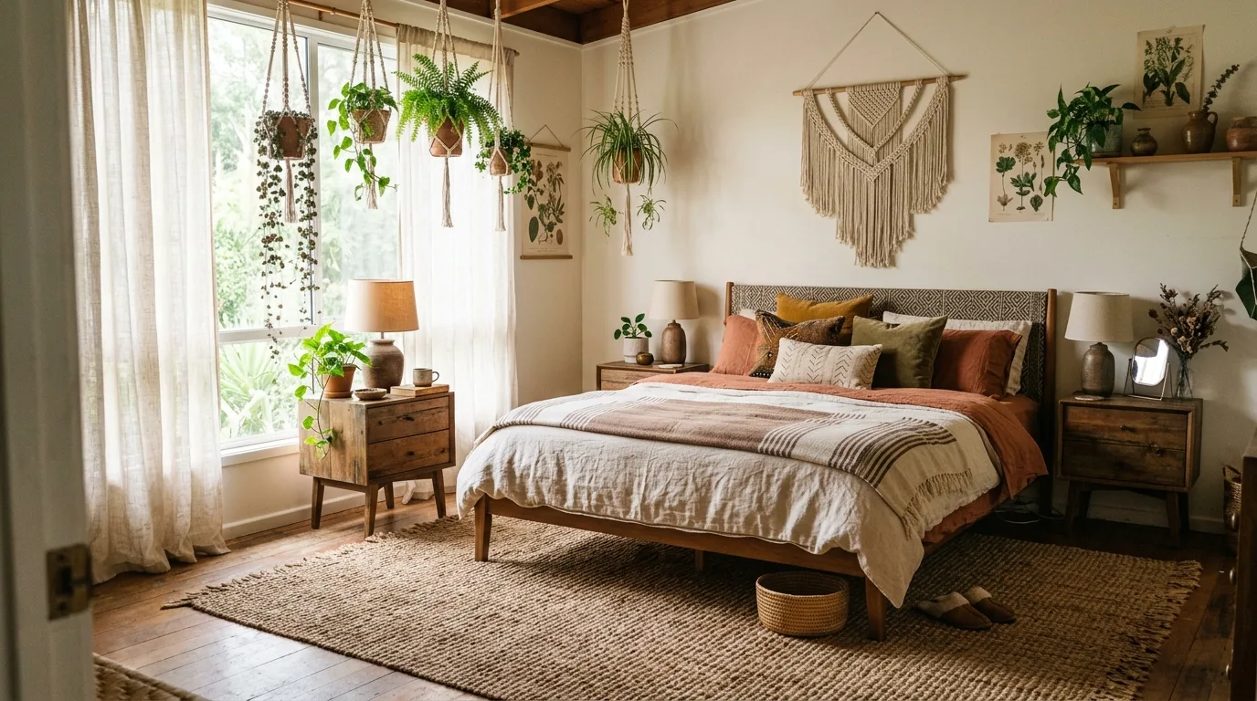 Boho bedroom with woven jute rug, earthy cushions, and hanging plants