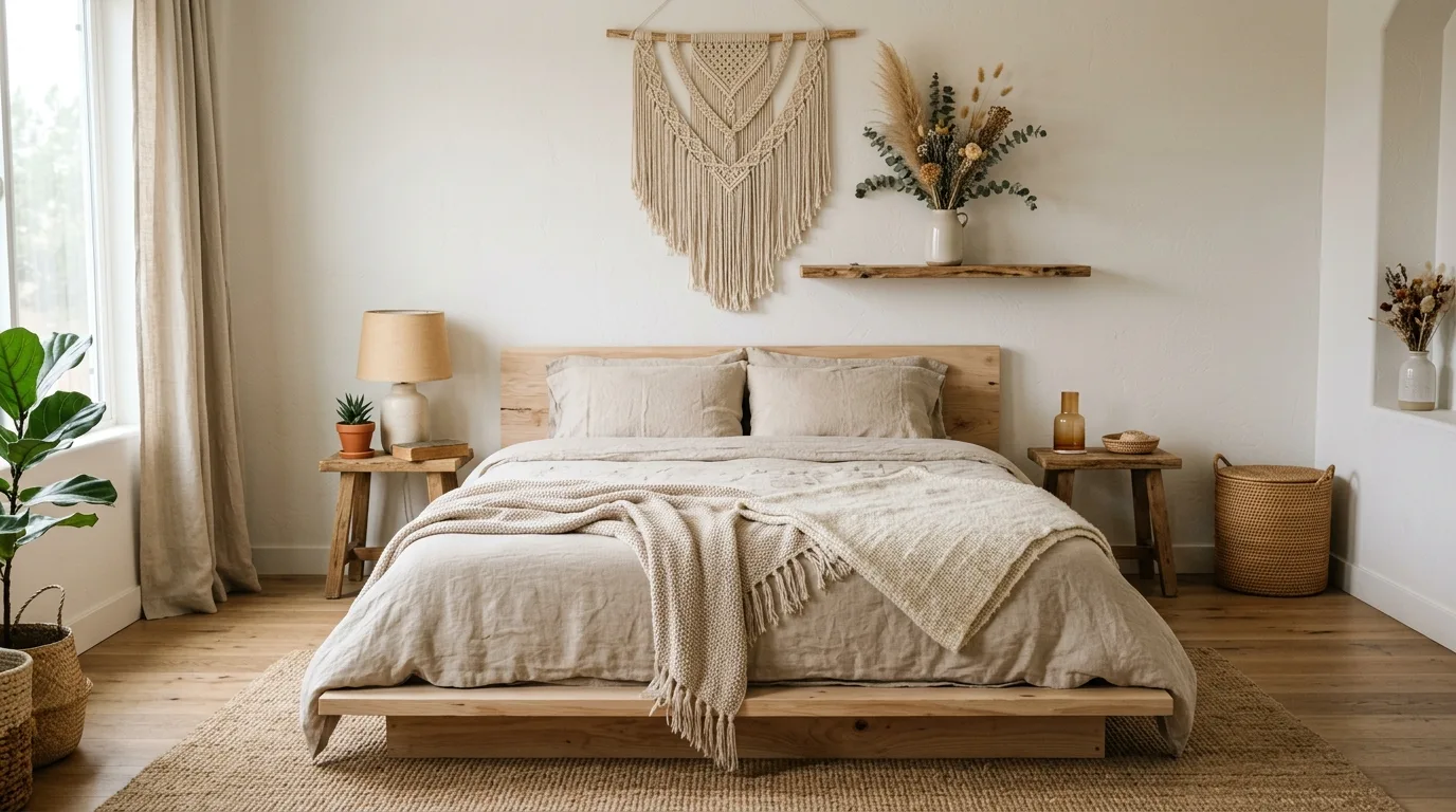 Minimal boho bedroom with beige linen bedding and dried flowers