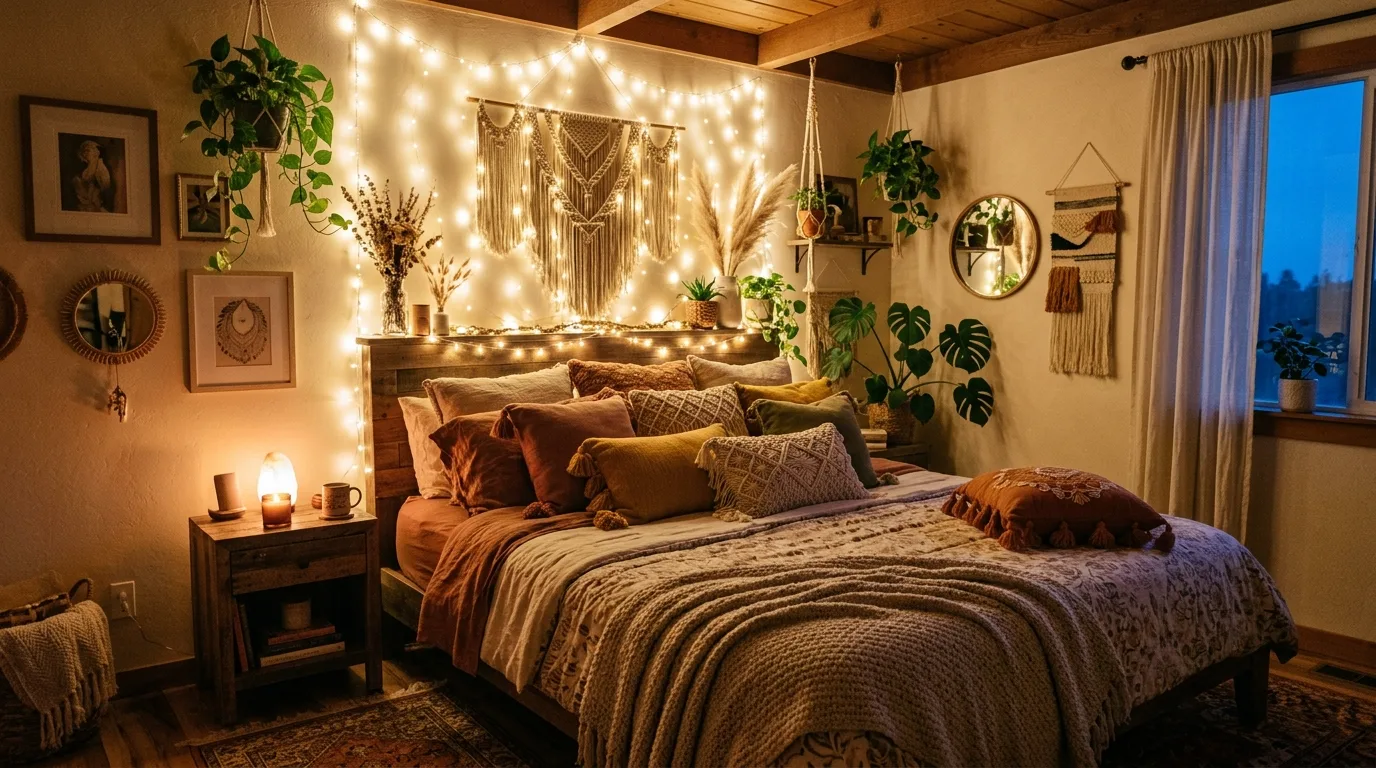 Warm boho bedroom with string lights, macrame, and layered earthy pillows