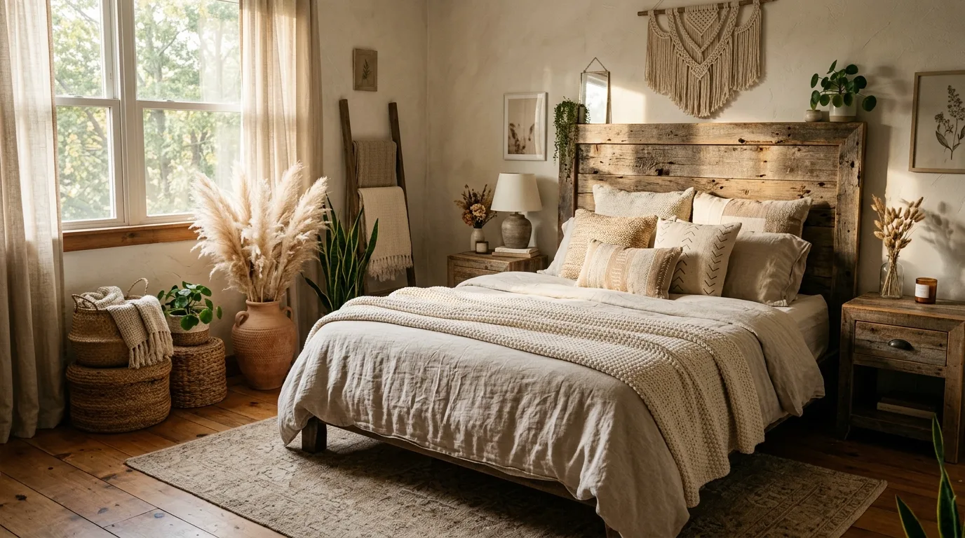 Rustic boho bedroom with reclaimed wood headboard, woven baskets, and neutral textiles