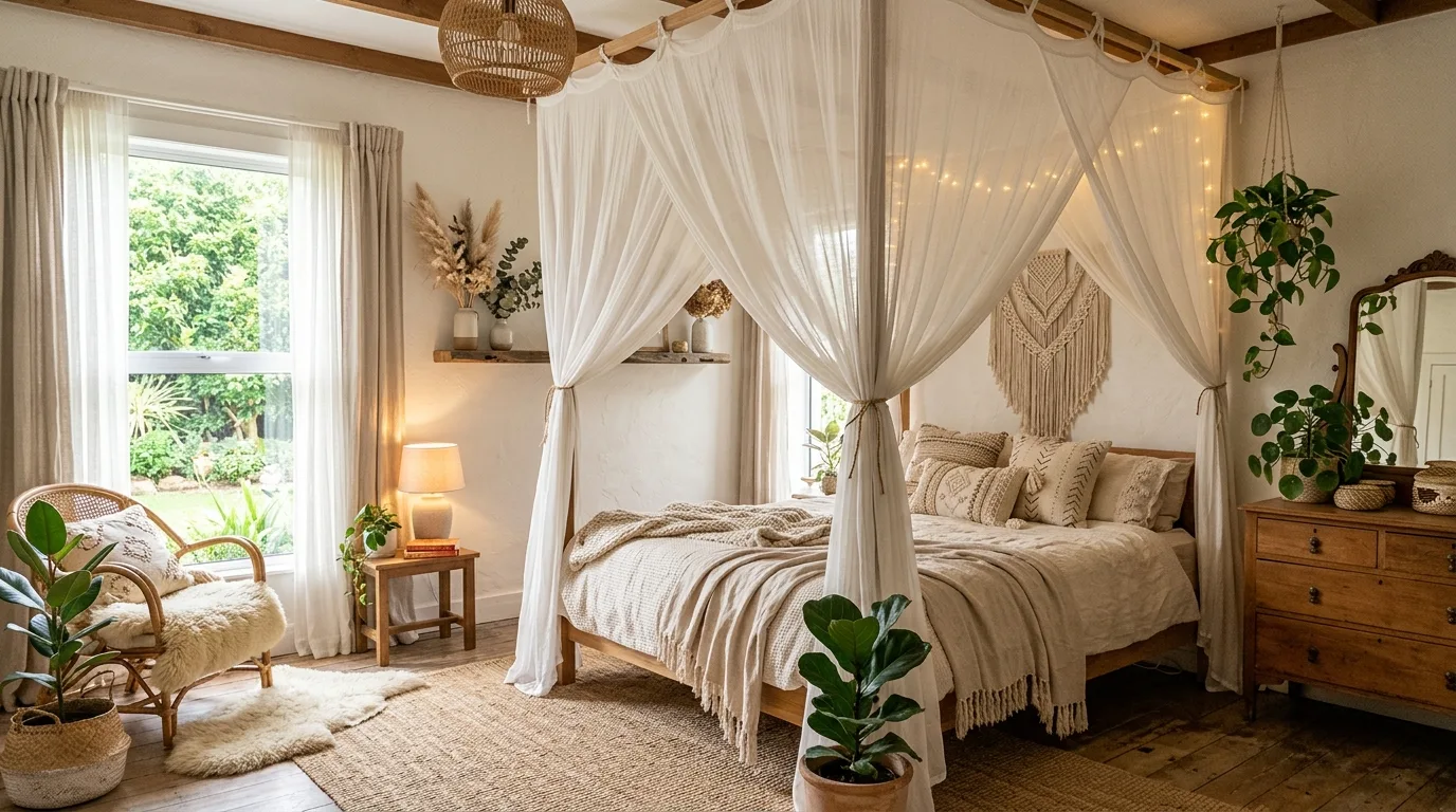 Boho chic bedroom with canopy bed and soft sheer white drapes