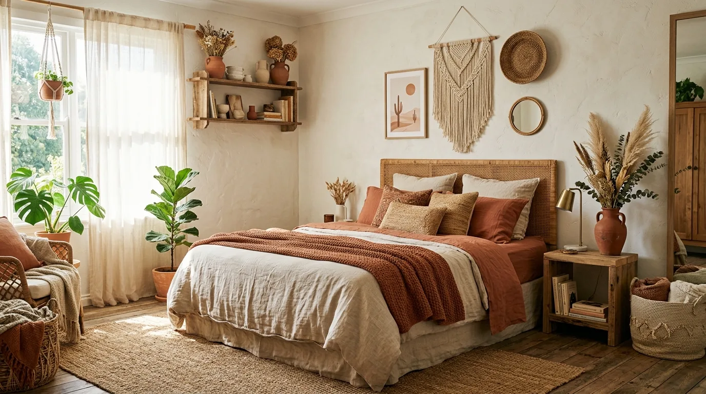 Earthy boho bedroom with terracotta accents, clay vases, and dried florals