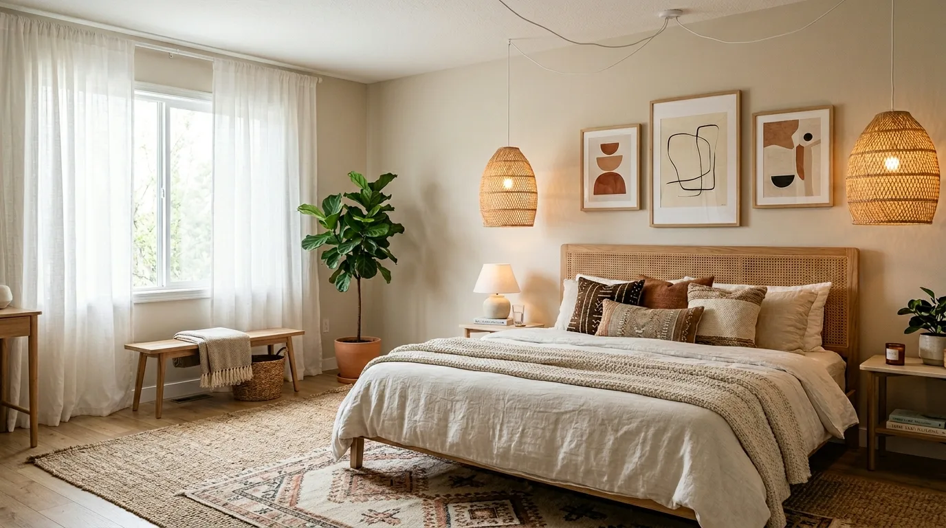 Modern boho bedroom with rattan pendant lights, abstract art, and layered rugs