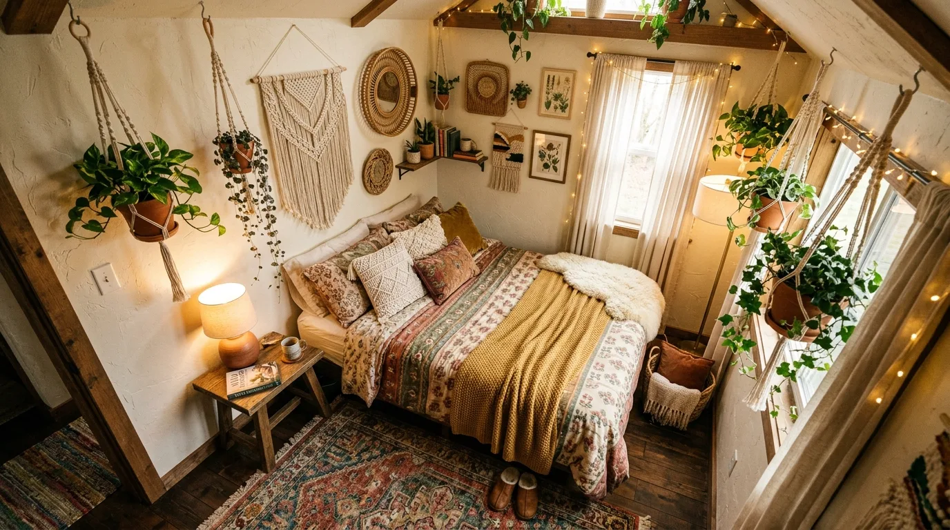 Small cozy boho bedroom with compact bed, hanging plants, and woven wall decor