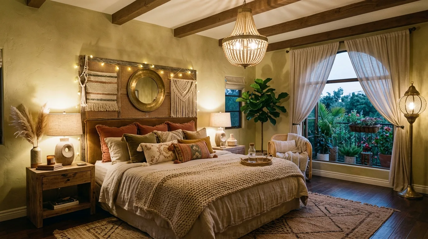 Luxury boho bedroom with oversized headboard, layered textiles, and earthy tones