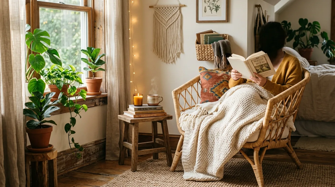 Boho bedroom reading nook with rattan chair, blanket, and plants