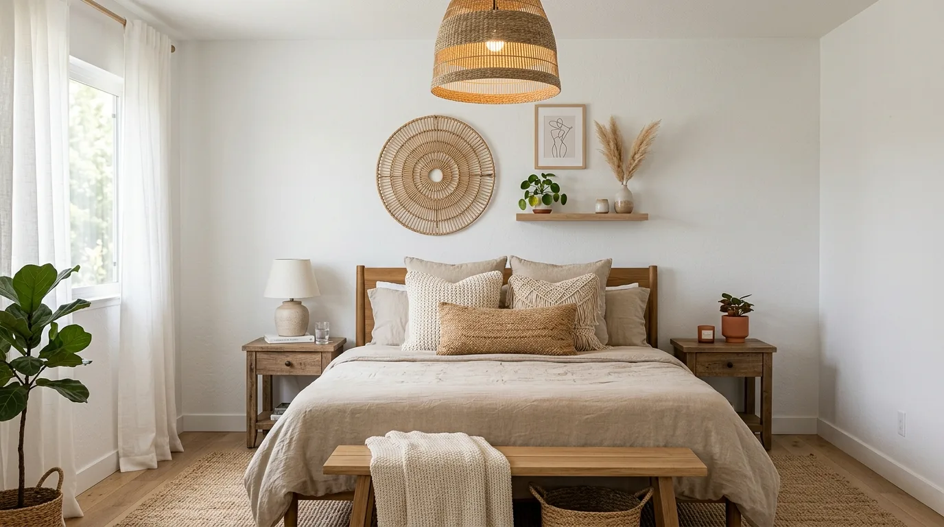 Neutral boho bedroom with beige bedding, white walls, and woven lamp