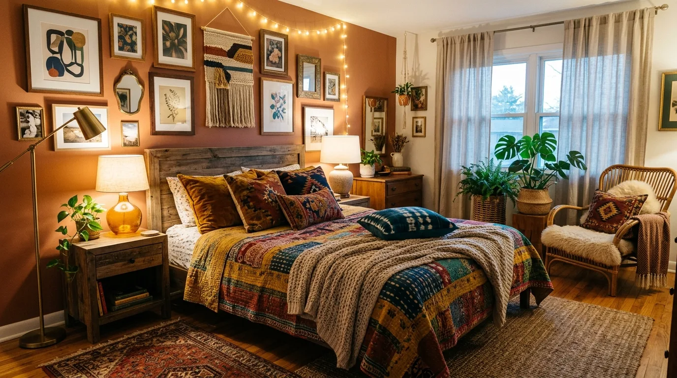 Eclectic boho bedroom with patterned textiles, gallery wall art, and warm tones