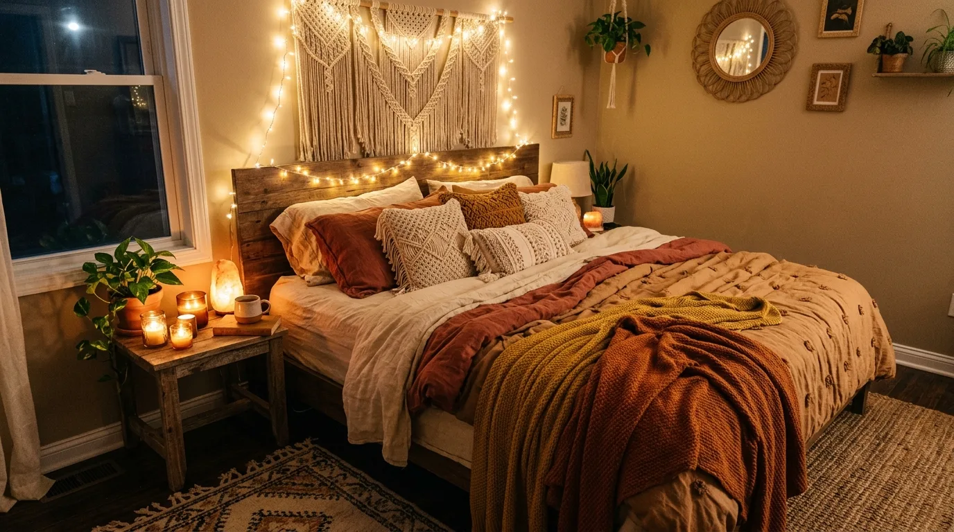 Cozy nighttime boho bedroom with fairy lights, layered bedding, and candles