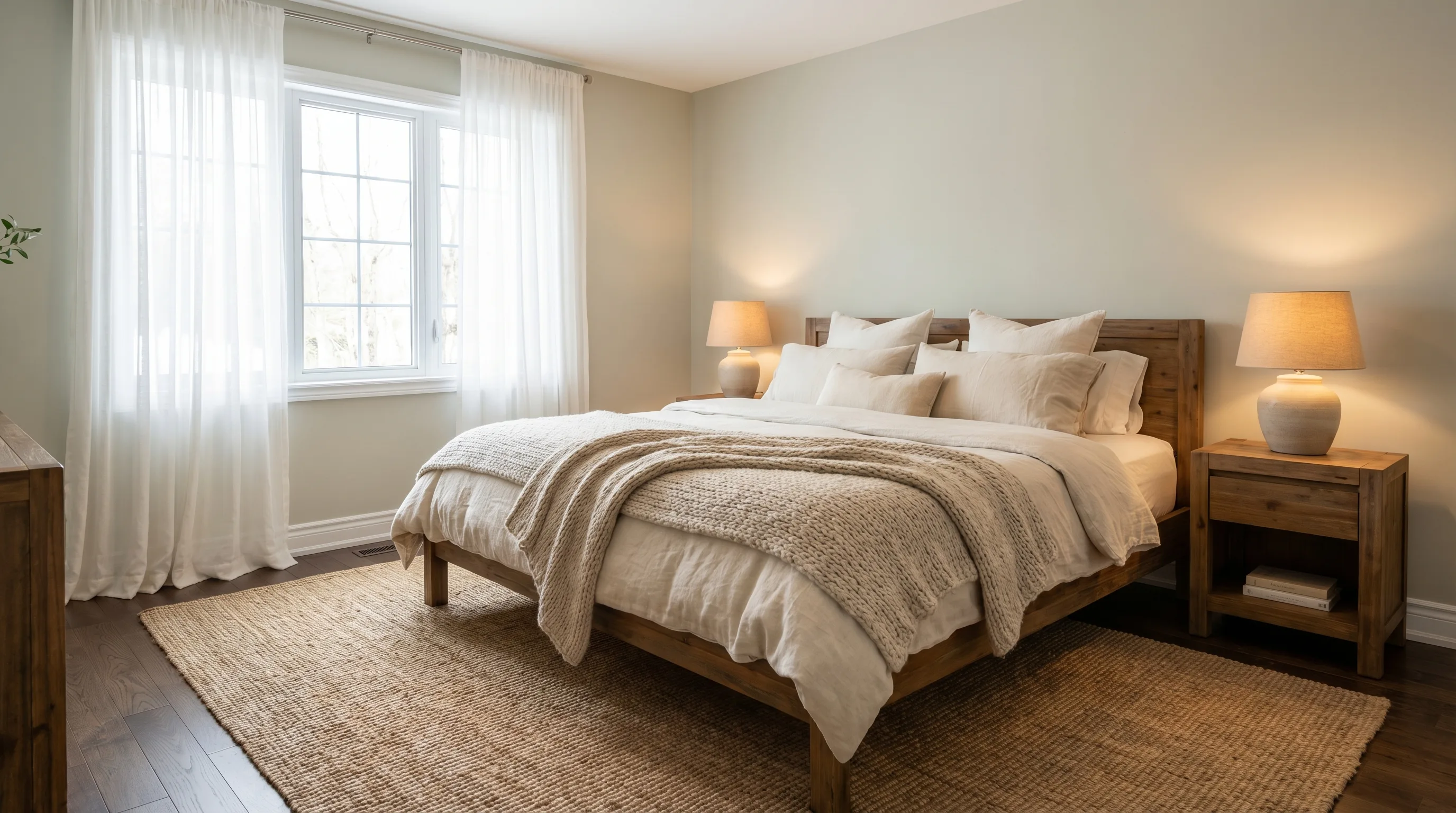 Cozy master bedroom with layered neutral bedding and warm light