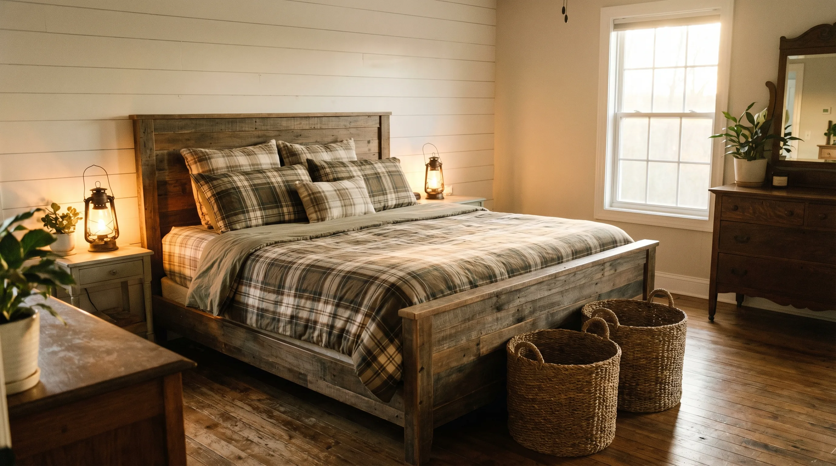 Farmhouse-style master bedroom with shiplap wall, plaid bedding, and lantern lamps