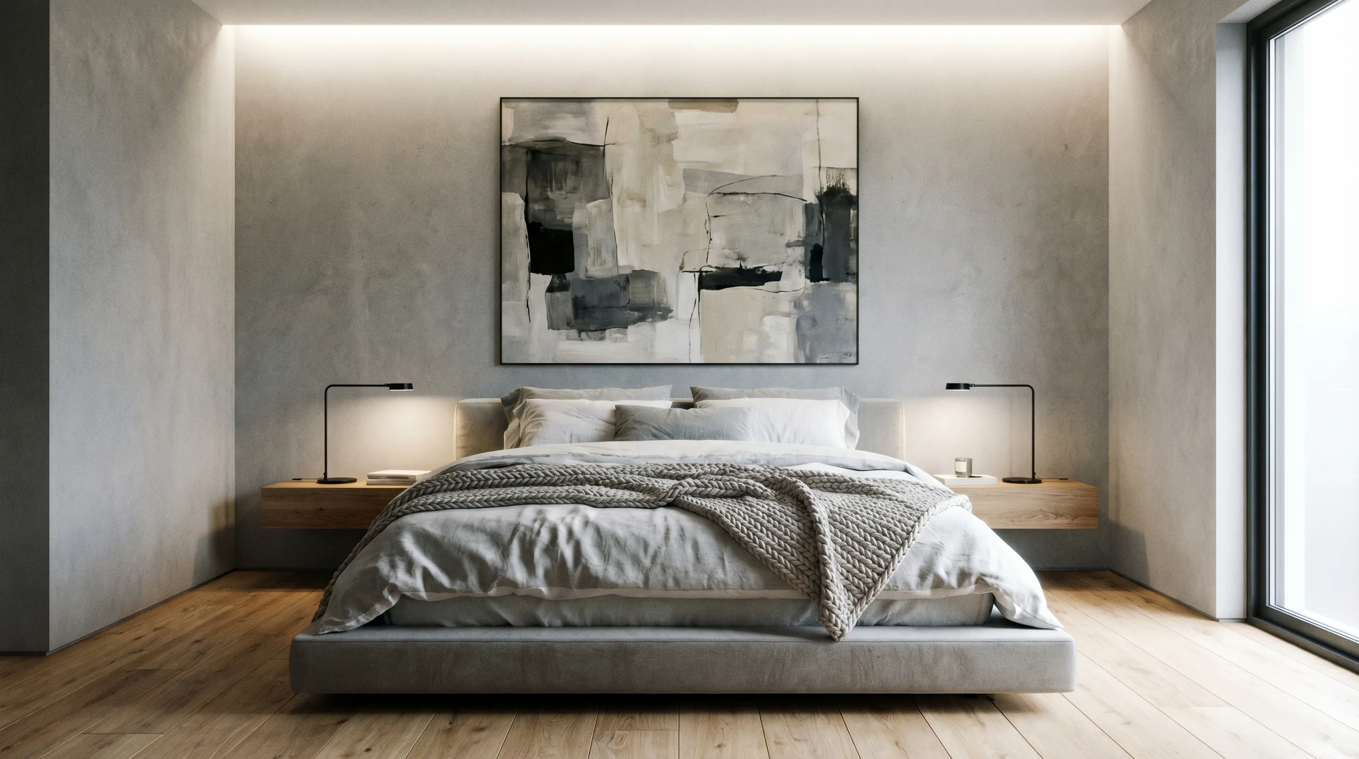 Modern cozy master bedroom with platform bed and gray white bedding